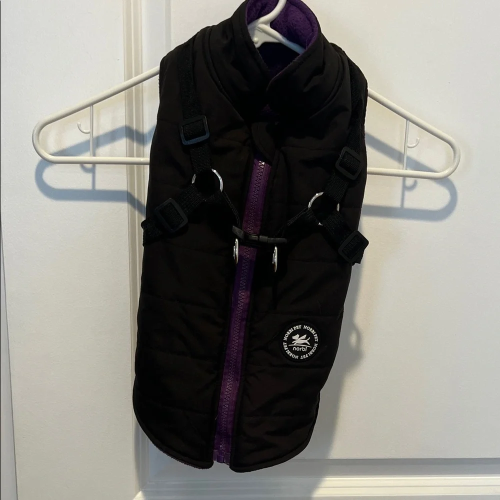 NORBI Black and Purple Winter Puffer Dog Jacket with Built in Harness
